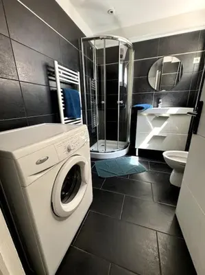 a bathroom with a washing machine and a toilet at Grand Studio Centre Cannes in Cannes
