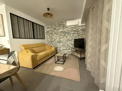 a living room with a couch and a television at SINT Cannes T 1 in Cannes