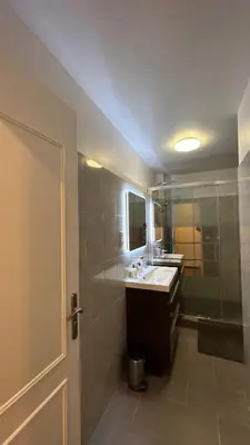 a bathroom with a sink and a shower and a mirror at SINT Cannes T 1 in Cannes