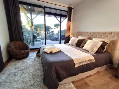 a bedroom with a large bed with a large window at Villa Caribbean in Cannes