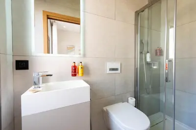 a bathroom with a sink and a toilet and a shower at DUPLEX 145m Private Terrace and Elevator in Cannes