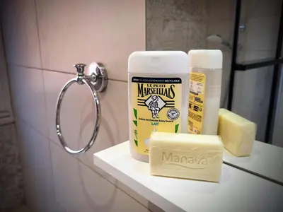 a bathroom with a bottle of milk and cheese on a counter at Charmant 2 pièces, traversant, clim, wifi, parking in Cannes