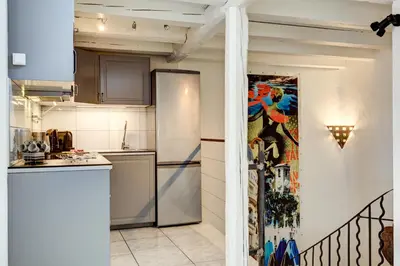 a kitchen with stainless steel appliances and a painting on the wall at Cocoon'in Cannes Le Suquet in Cannes