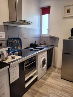 a kitchen with a washing machine and a dishwasher at Villa Gustave, studio confort avec balcon Centre Cannes in Cannes