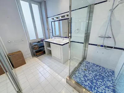 a bathroom with a shower and a sink at Beautiful 2 bedroom bourgeois style Antibes 333 in Cannes