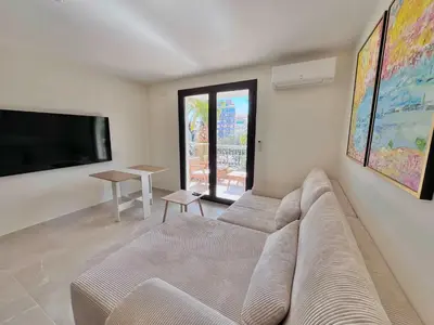 a living room with a couch and a flat screen tv at LE TRAVOLTA avec merveilleuse terrasse, chic et lumineux à deux pas du centre-ville in Cannes