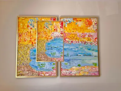 a group of three paintings hanging on a wall at LE TRAVOLTA avec merveilleuse terrasse, chic et lumineux à deux pas du centre-ville in Cannes
