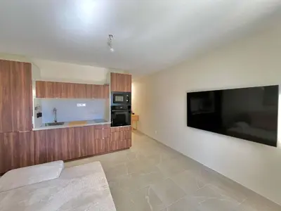 a kitchen with a large flat screen tv on the wall at LE TRAVOLTA avec merveilleuse terrasse, chic et lumineux à deux pas du centre-ville in Cannes
