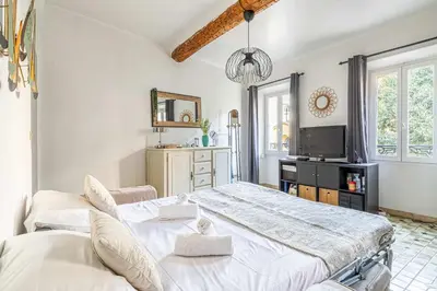 a bedroom with two beds and a tv at LE FORVILLE lumineux en plein centre, à deux pas du Palais, Croisette et plages in Cannes