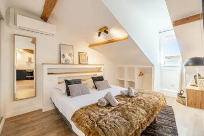 a bedroom with a large bed in a room at 5 CARNOT - Beautiful apartment, 4 people, 150m from Palais des Festivals in Cannes