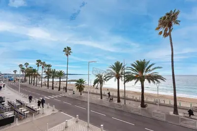 a street next to the beach with palm trees at Cannes apartment sea view - 18H in Cannes