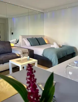 a living room with a bed and a couch at Studio premium St Louis - emplacement idéal in Cannes