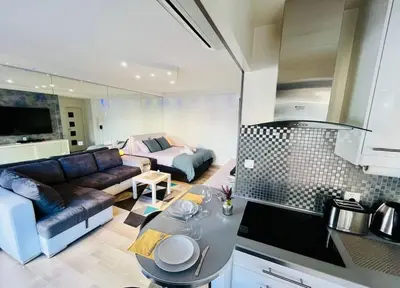 a kitchen and living room with a couch and a table at Studio premium St Louis - emplacement idéal in Cannes