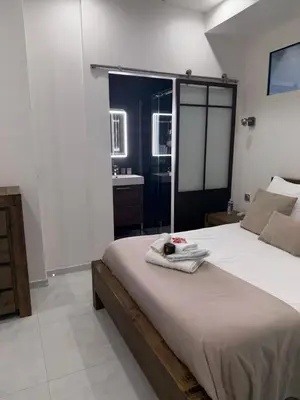 a bedroom with a large bed and a bathroom at Appartement Haut Standing 5 pièces Cannes centre in Cannes