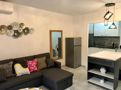 a living room with a couch and a kitchen at T2 Vallombrosa Terrasse Parking in Cannes