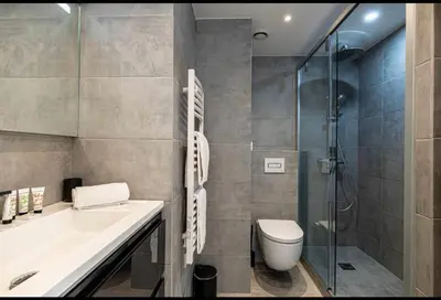 a bathroom with a sink and a toilet and a shower at Joli 2 pcs - Prox Martinez in Cannes