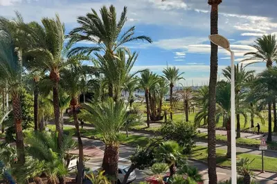 a park with palm trees in a resort at Cannes Croisette Loft vue mer in Cannes