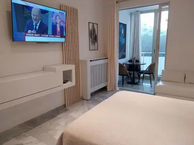 a living room with a television on a wall at Palm beach Cannes La Brise in Cannes