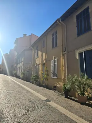 a cobblestone street with houses and potted plants at cœur historique de cannes entre palais et mer in Cannes