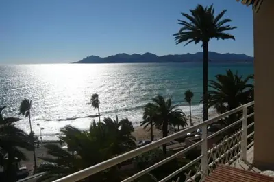 a view of a beach with palm trees and the ocean at Coeur de Cannes in Cannes