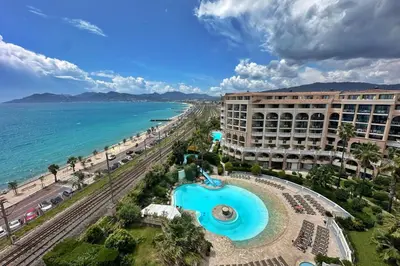 an aerial view of the beach and the ocean at Le Seaview-Quiet-Swimming pool-Car park-Seafront in Cannes