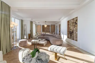 a living room with a couch and chairs at 1974 - Luxurious 3 bedrooms - Sea view & Parking in Cannes