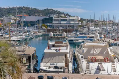 a group of boats docked in a marina at L'HONORAT vue mer et port, à côté des plages du Midi et proche du Palais in Cannes