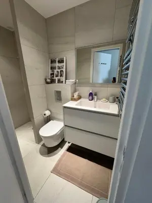 a bathroom with a sink and a toilet and a mirror at Superbe studio pour congrés au coeur de Cannes in Cannes