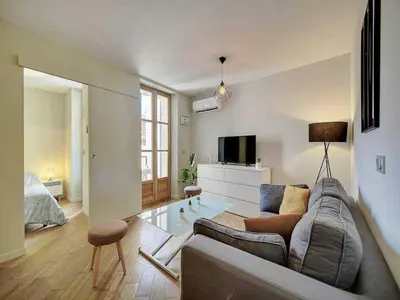 a living room with a couch and a tv at Charming apartment, Suquet Cannes - Mobility lease in Cannes
