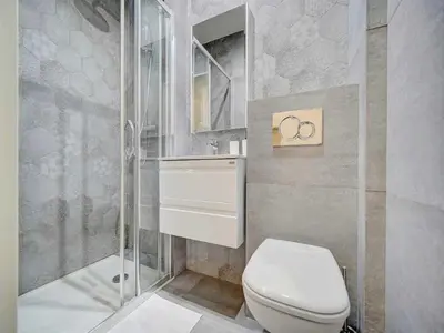 a bathroom with a toilet and a sink and a shower at Lovely renovated apart Terrace - Mobility lease in Cannes