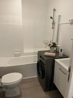 a bathroom with a toilet and a washing machine at Coquet studio 10 min de Cannes in Le Cannet