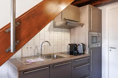 a small kitchen with a sink and a refrigerator at Residence Aout 41 in Cannes