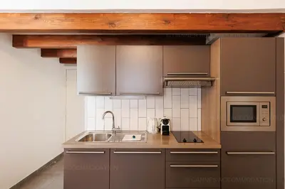 a kitchen with a sink and a microwave at Residence Aout 43 in Cannes