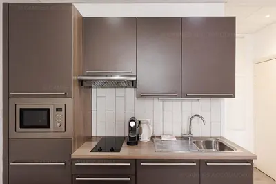 a kitchen with stainless steel cabinets and a sink at Residence Aout 21 in Cannes