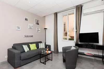 a living room with a couch and a tv at Residence Aout 22 in Cannes