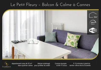 a living room with a purple couch and a white table at Le Petit Fleury – Balcony, Calm in Cannes in Cannes