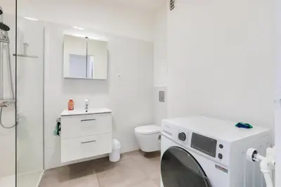 a white bathroom with a toilet and a washing machine at Le Petit Fleury – Balcony, Calm in Cannes in Cannes