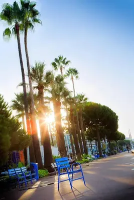 a blue bench on a street with palm trees at Studio and breakfast in Cannes