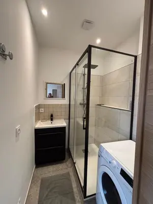 a bathroom with a shower and a sink and a washing machine at HomeForville in Cannes