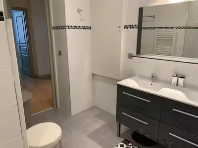 a bathroom with a sink and a toilet and a mirror at 3P Cannes Centre 2min Palais des Festivals,Rue du Antibe location in Cannes