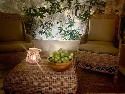 a bowl of grapes on a wicker table with two chairs at Tredici By SCLS Locations in Cannes