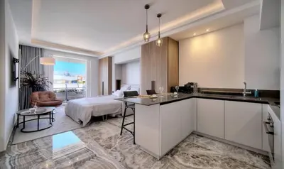 a kitchen and living room with a bed in a room at Cannes 1 bedroom apartment - M6 in Cannes