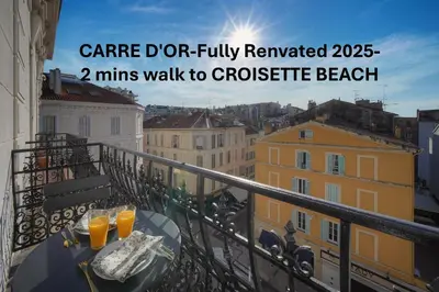 a balcony with a table with two glasses of orange juice at Luxueux 3 chambres BALCON, CARRE D'OR- COEUR DE CANNES A3B129 in Cannes