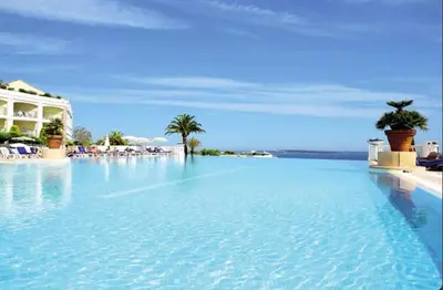 a large swimming pool with blue water and palm trees at Cannes Passion in Cannes