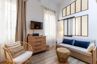 a living room with a couch and a tv at 13 ANDRE2 - Very nice duplex apartment, 100m from La Croisette and beaches in Cannes