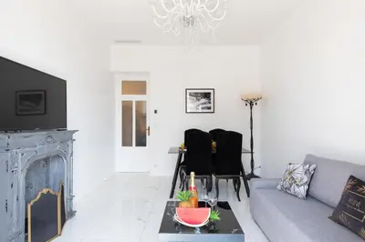 a living room with a couch and a fireplace at Pelige 5 YourHostHelper in Cannes