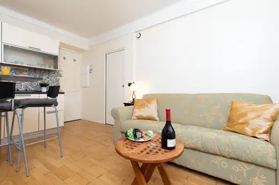 a living room with a couch and a table with a bottle of wine at Pelige 3 YourHostHelper in Cannes