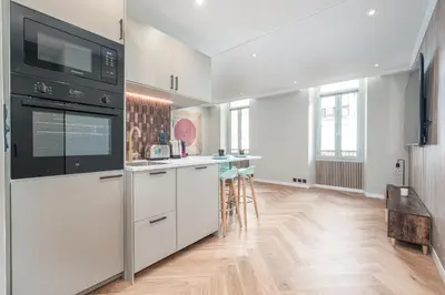a kitchen with white cabinets and a black appliance at Bel appartement centre Cannes 1min de la Croisette in Cannes