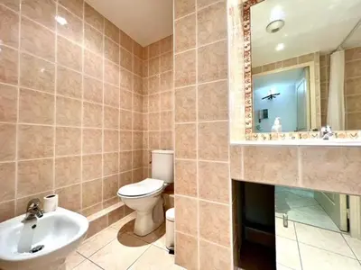 a bathroom with a toilet and a sink and a mirror at Very bright T2 near beach in Cannes