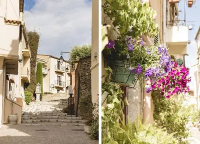 a side by side picture of an alley with flowers at Studio Suquet avec Parking in Cannes